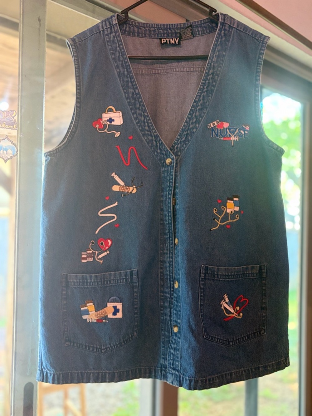 Vintage Embroidered Denim Vest Nurse Grandmacore Cottagecore Y2K 100% Cotton